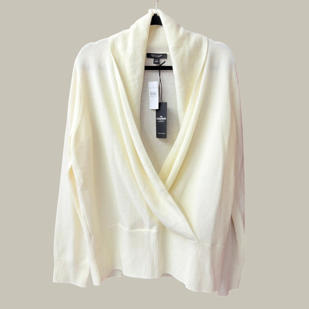 Ann Taylor 100% Cashmere Sweater Women XXL Cream Wrap V-Neck Shawl Collar Knit